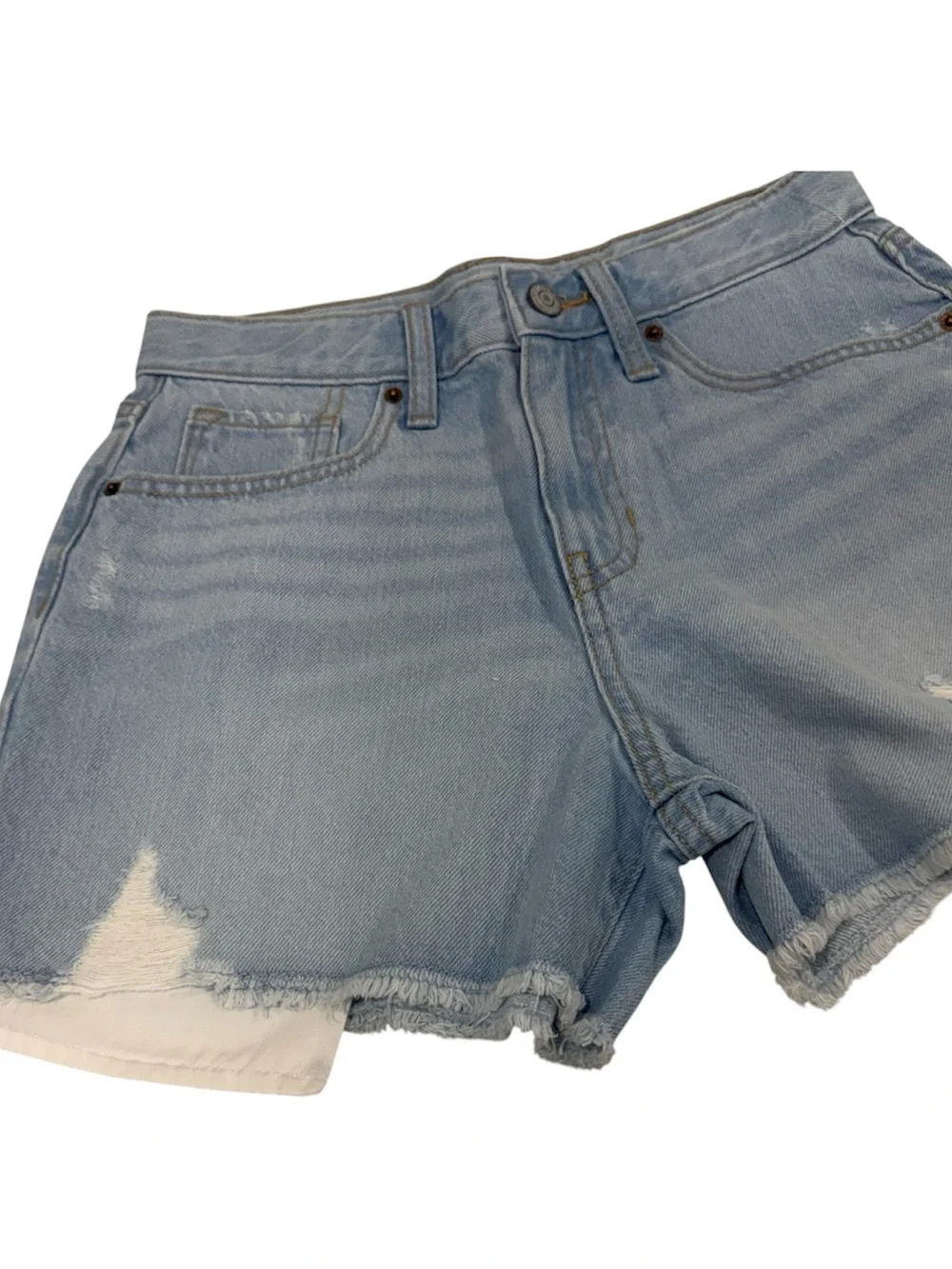 Old Navy White and Light Blue Denim Girls Shorts with Green Top size 14